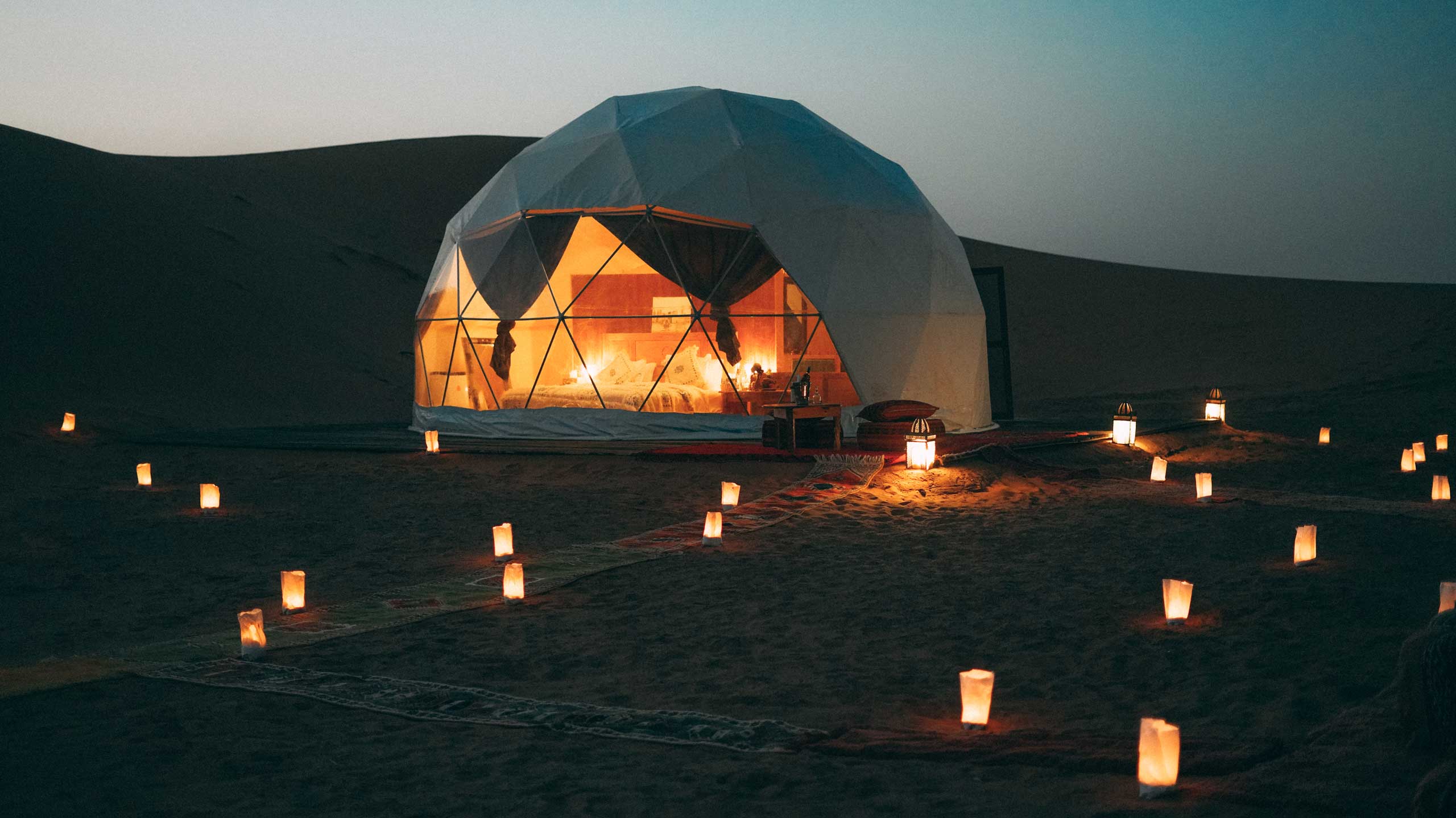 Private camp set up in Sahara Desert in Morocco