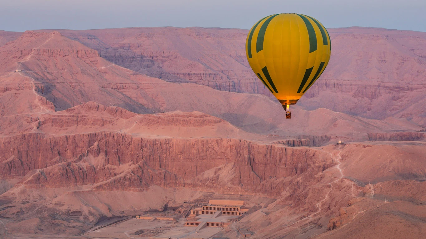 Hot air balloon over Luxor temple in Egypt