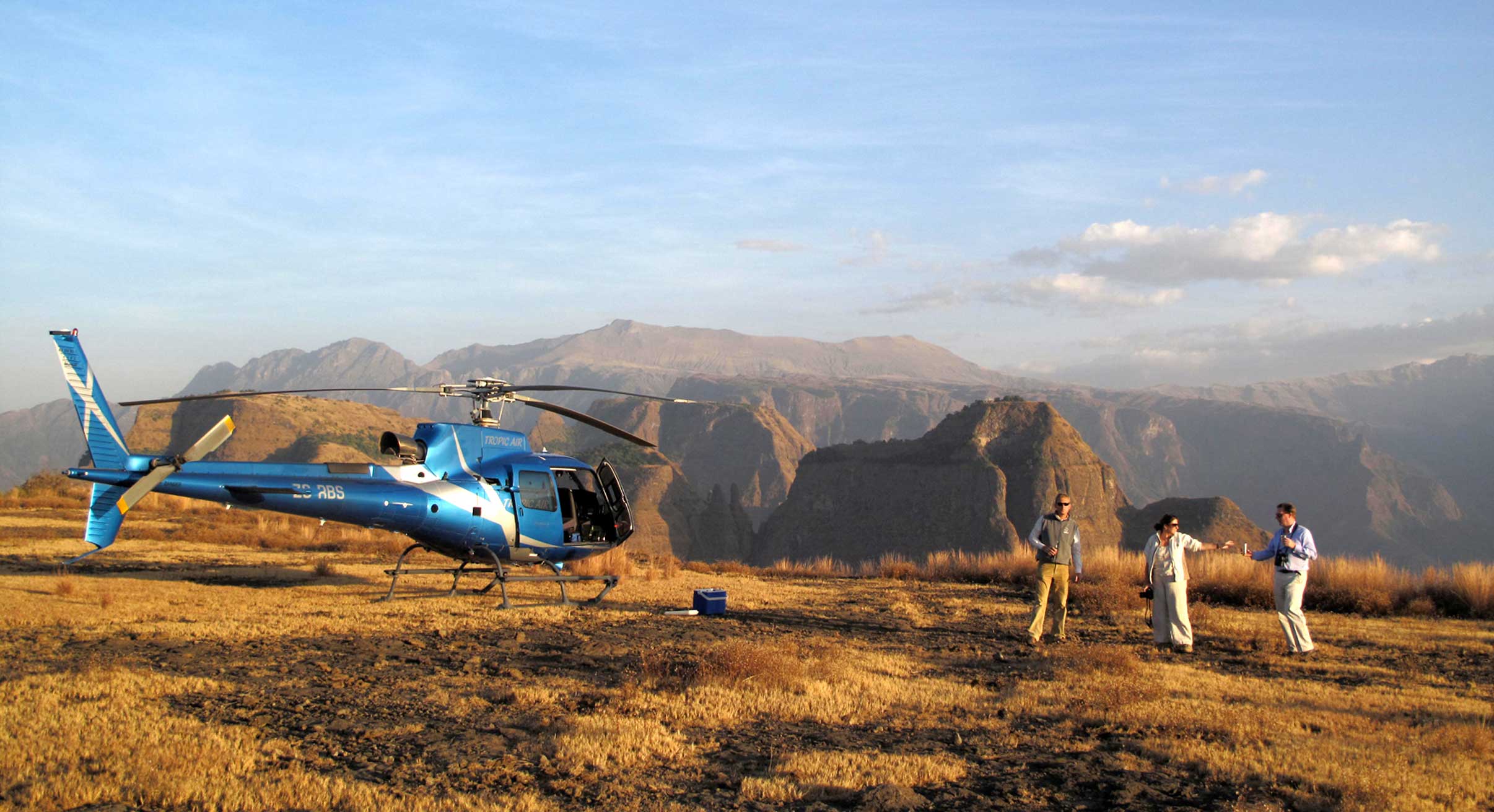 Helicopter landing in the Simien Mountains in Ethiopia