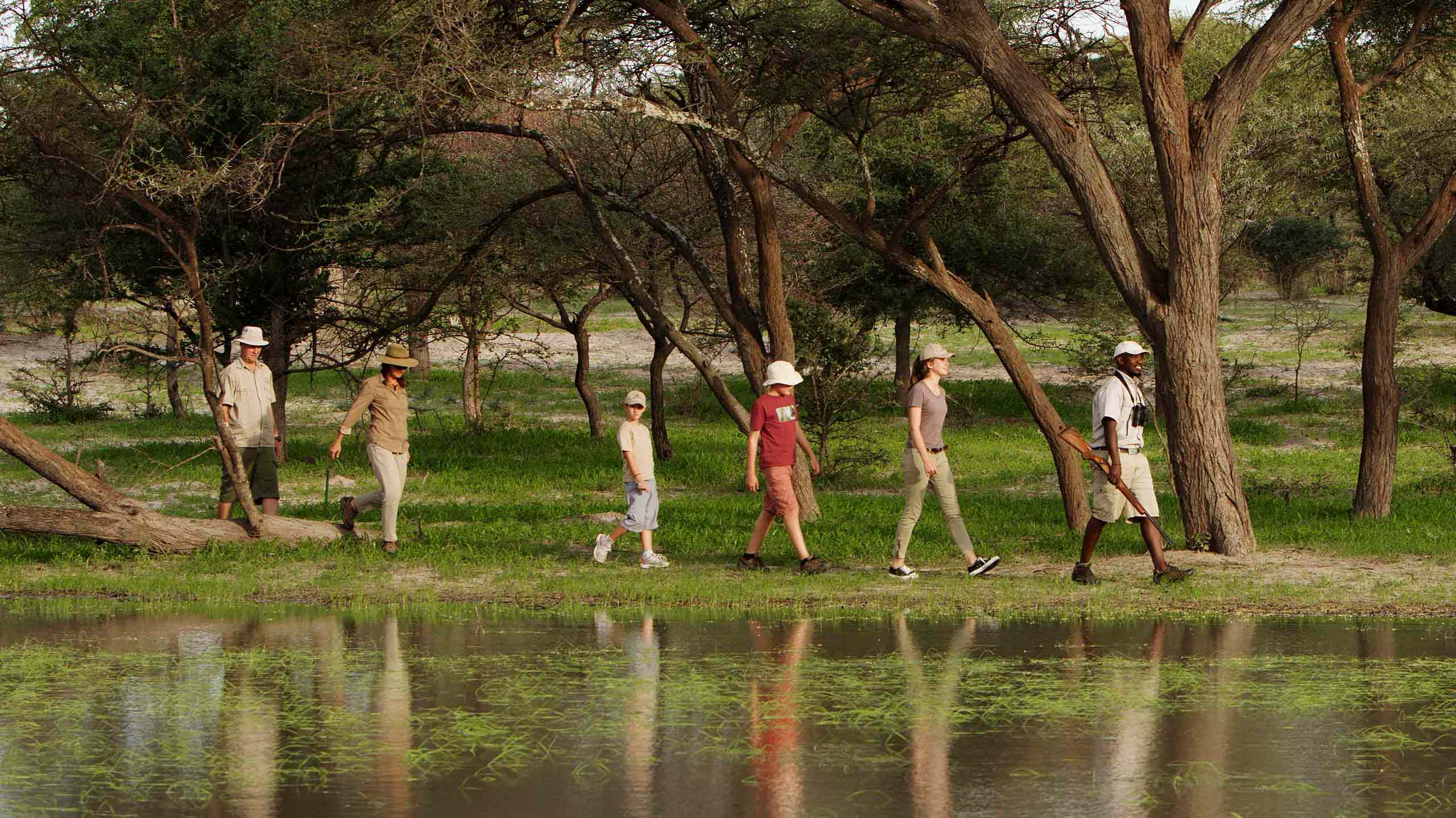 Family walking safari in Botswana