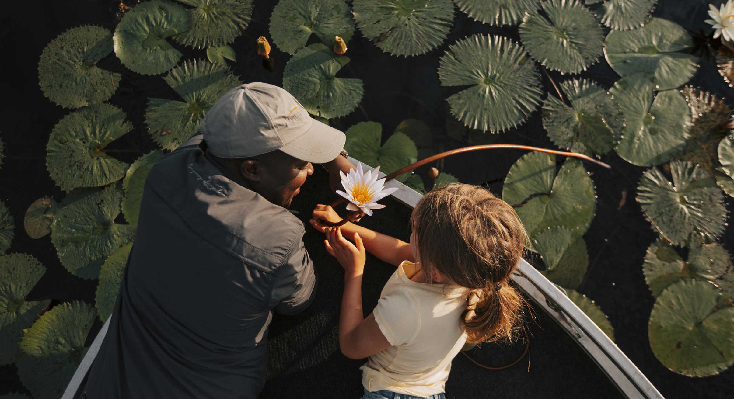 Guide explaining to child about the water lilies in Okavango Delta, Botswana