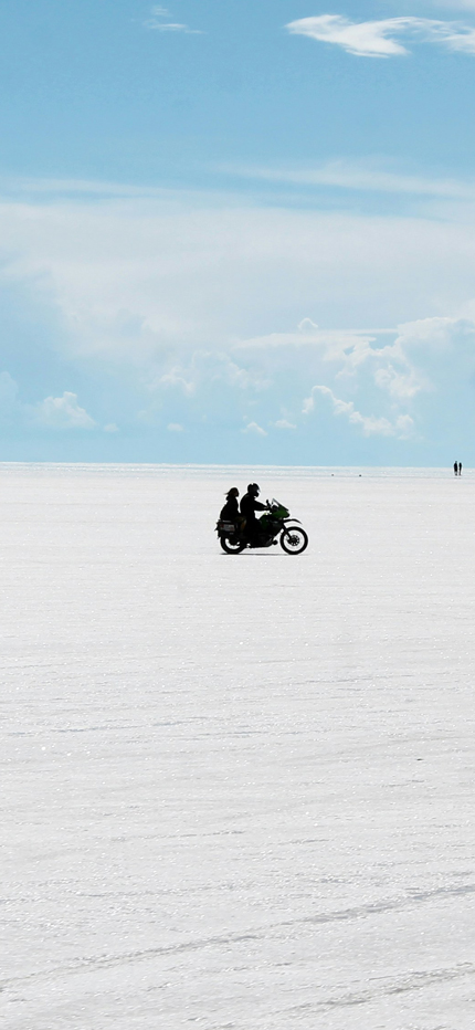 Motorbike across salt flats in Bolivia