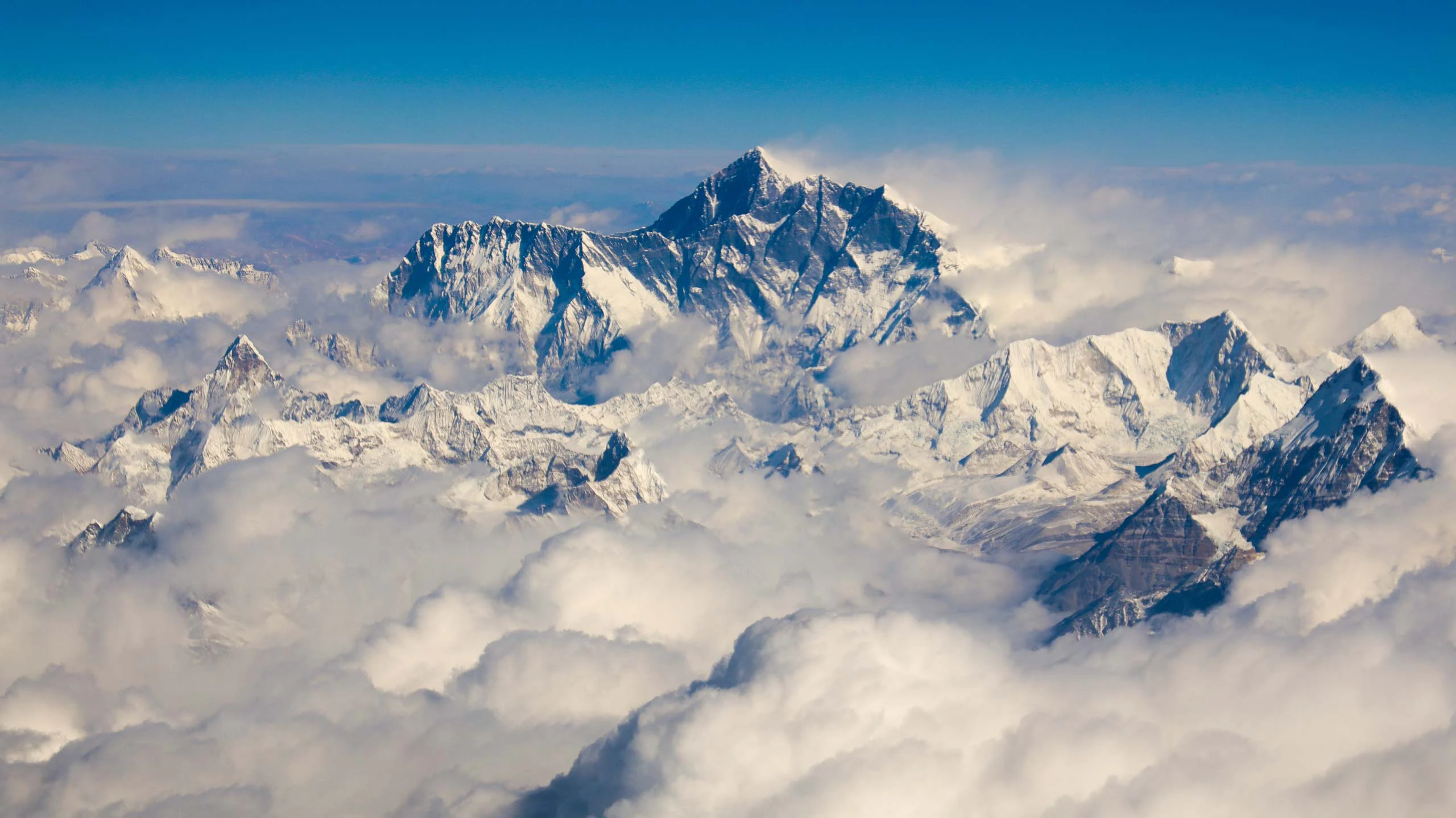 View of Mount Everest in the clouds in Nepal