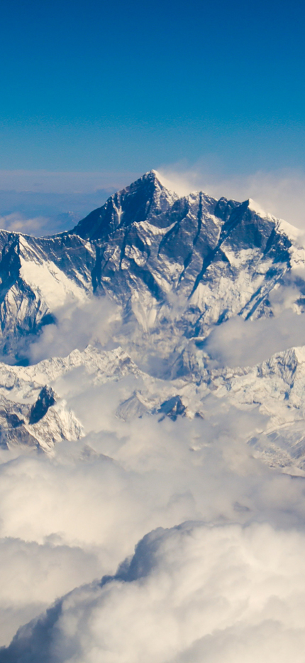 View of Mount Everest in the clouds in Nepal