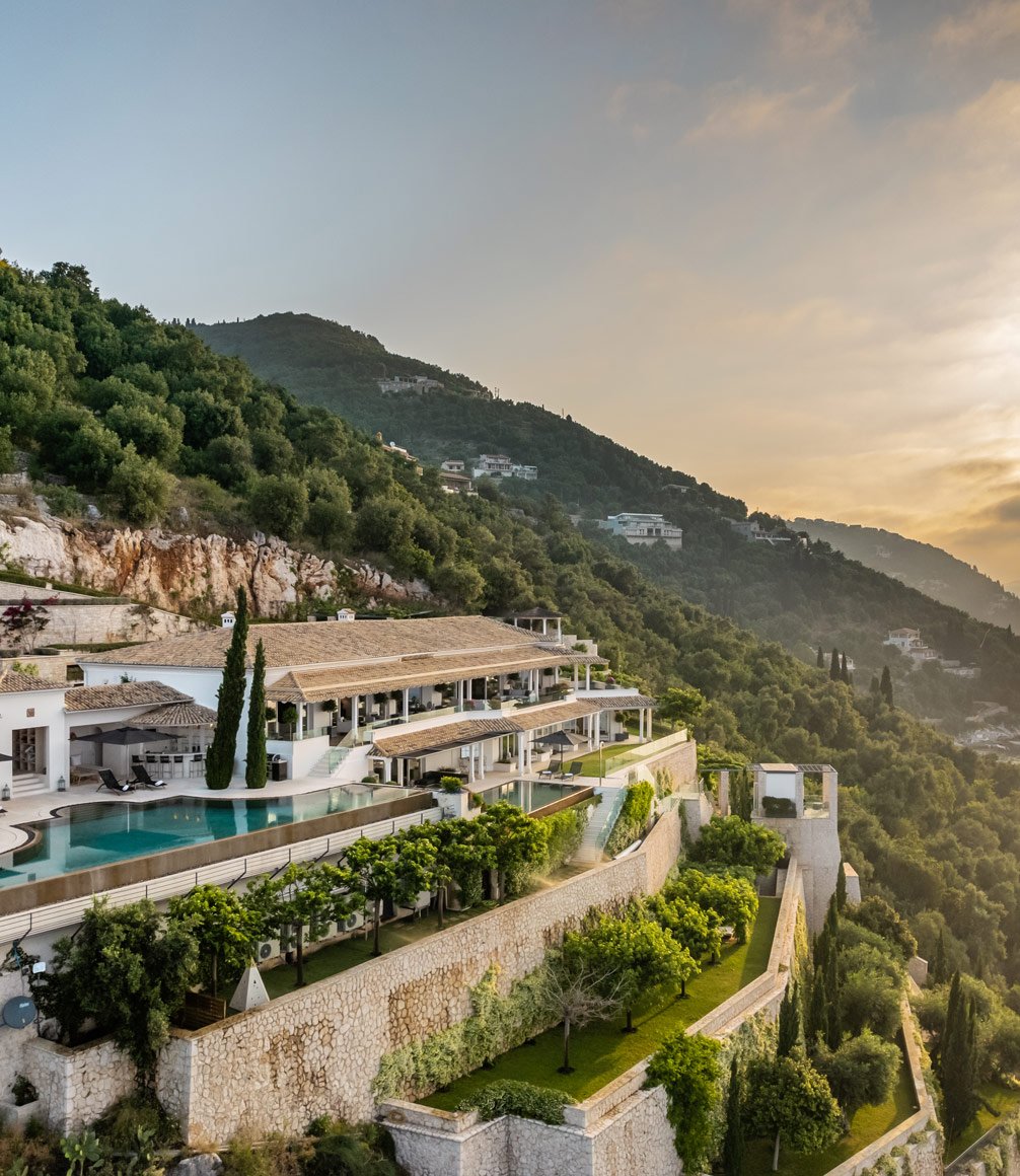 Golden hour at luxury villa in Corfu rented by Edge Retreats