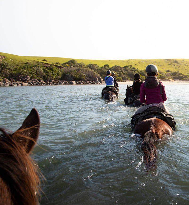 Crossing river on Wild Coast riding safari in South Africa