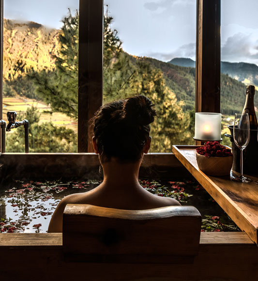 Views from the bathtub at Gangtey Lodge in Bhutan