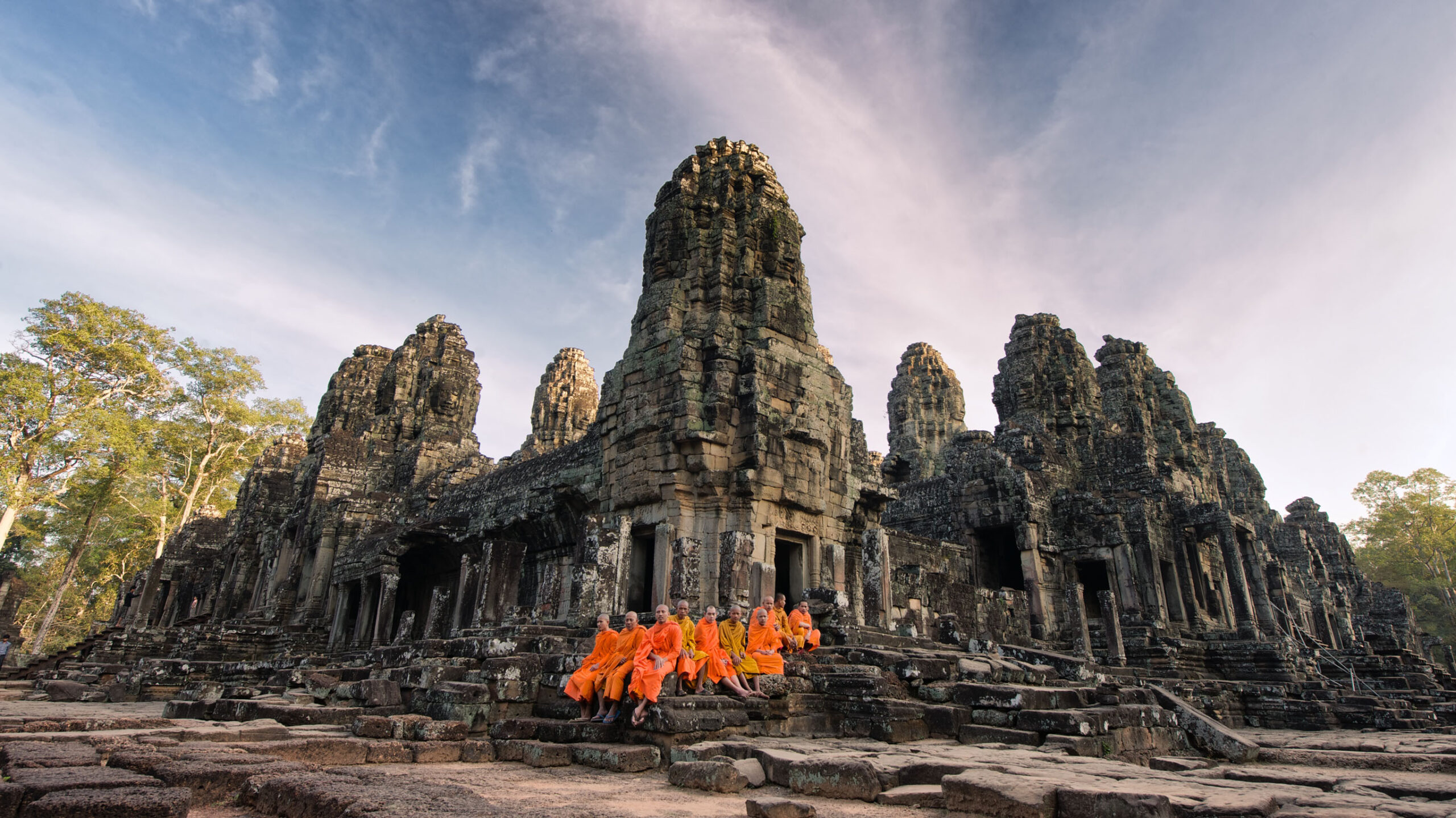 angkor wat temple with monks outside