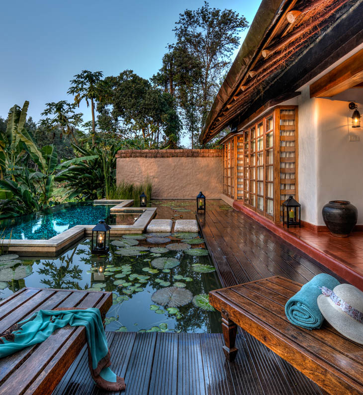 lily pond outside guest bungalow at Chikkana Halli Estate in coorg