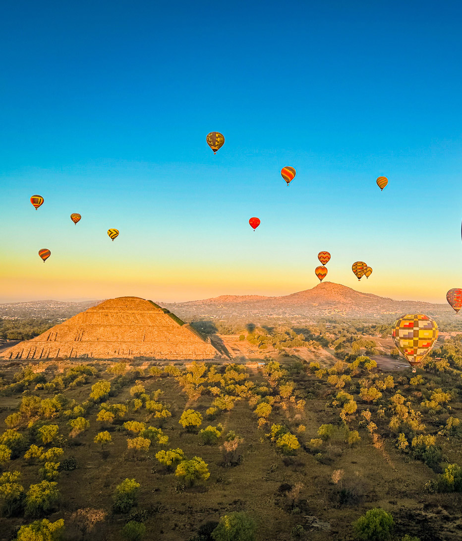 Morning flight over the temple of the sun and moon in Teotihuacan, Mexico