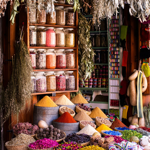 market stall in moroccan soukh showing colourful spices