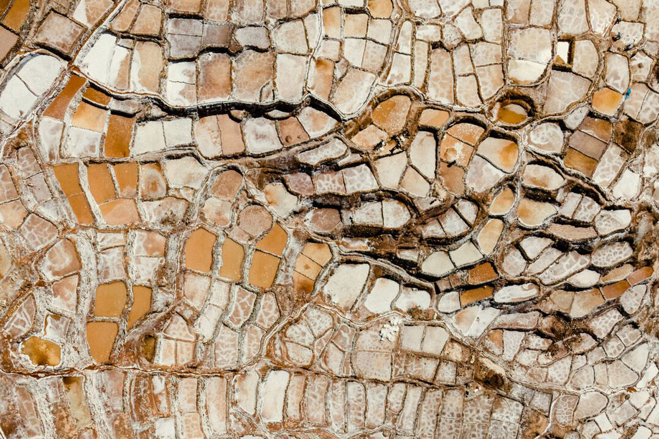 aerial view of the fields in the sacred valley peru