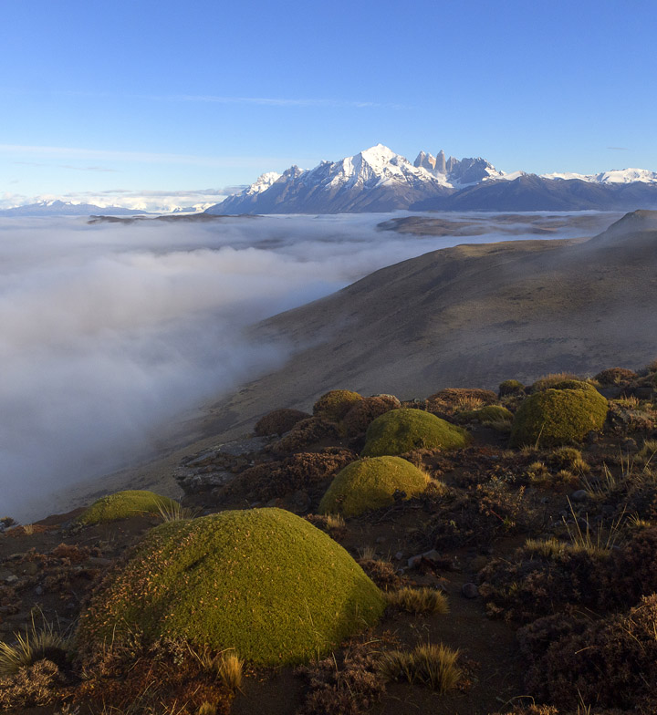 landscape in patagonia looking across mist to torres del paine