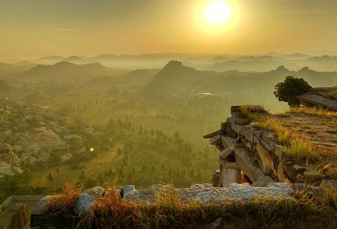 hampi view at sunset from temple roof