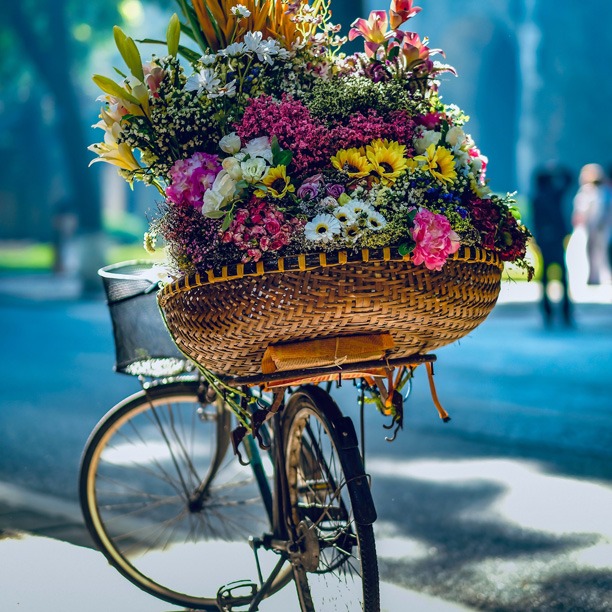 flowers on a bike at a market in vietnam