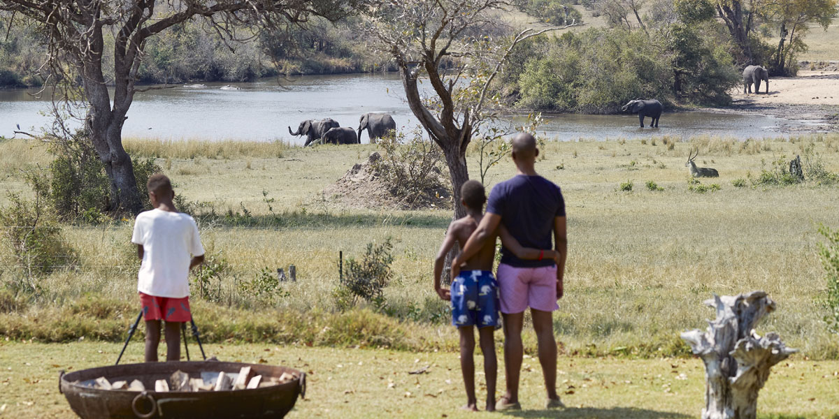 family watching elephant at the wateringhole at singita castleton house