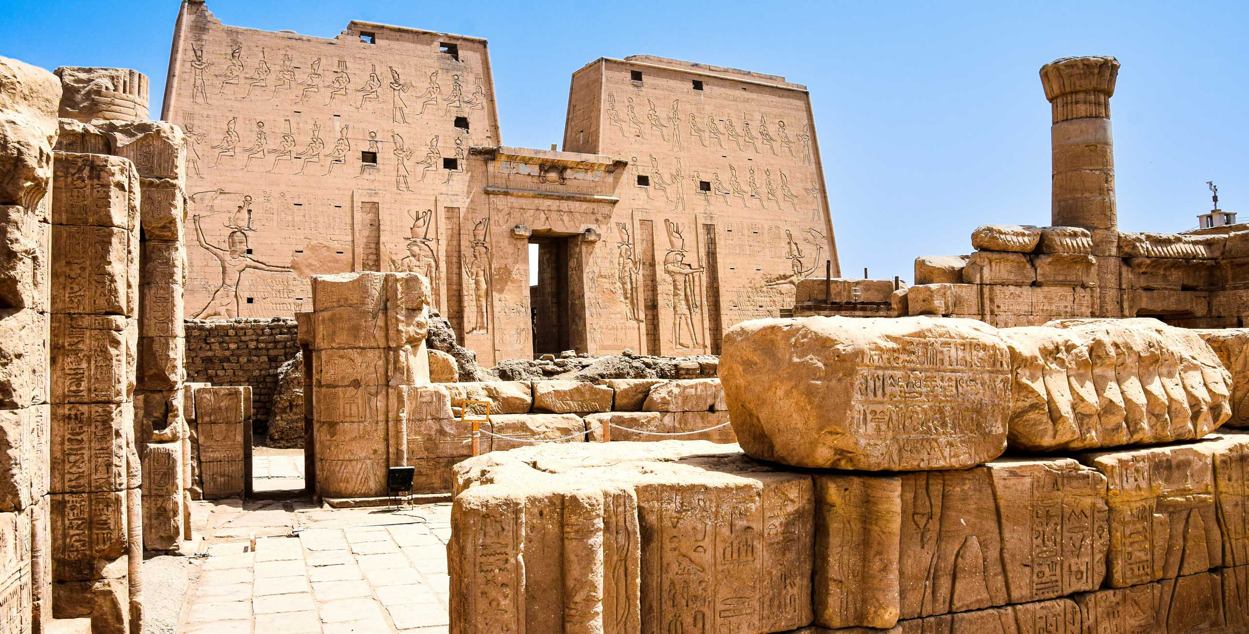 view of the facade of the edfu temple in egypt