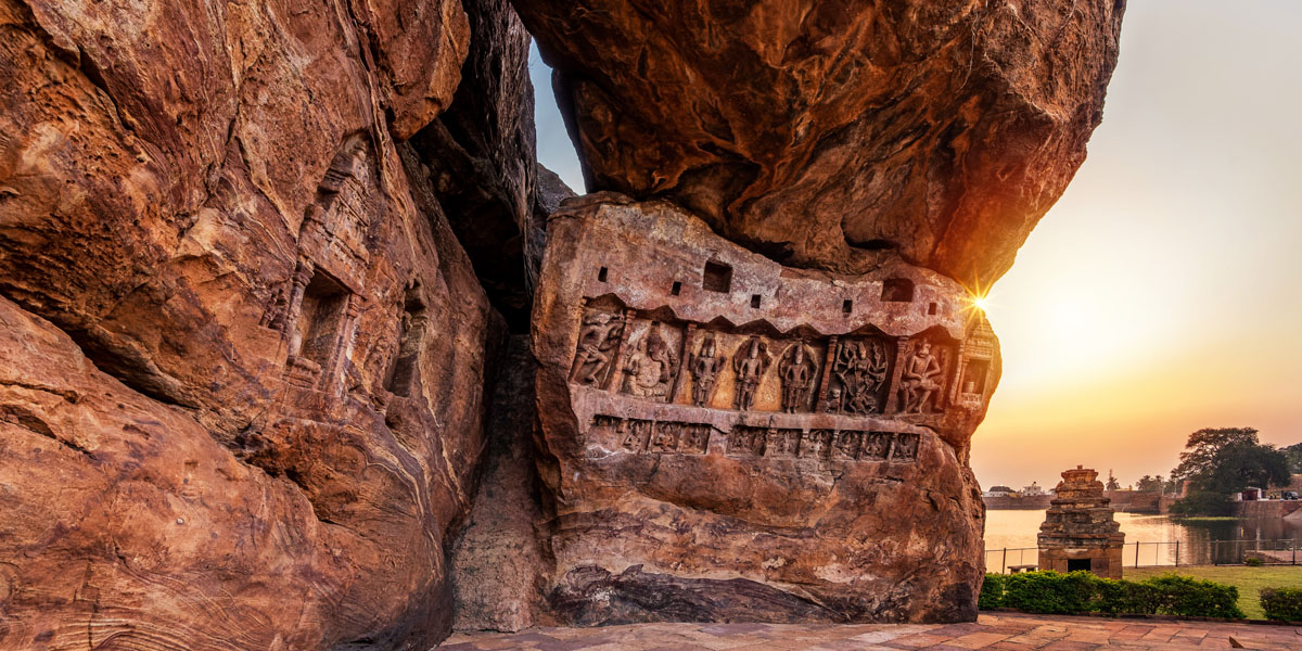A group of Bhuthanatha Temples on the Eastern end of the Agastya Tirtha lake at Badami, Karnataka, India.