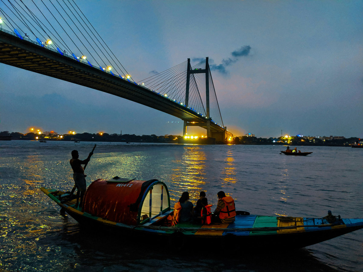 view of the bridge in kolkata at night