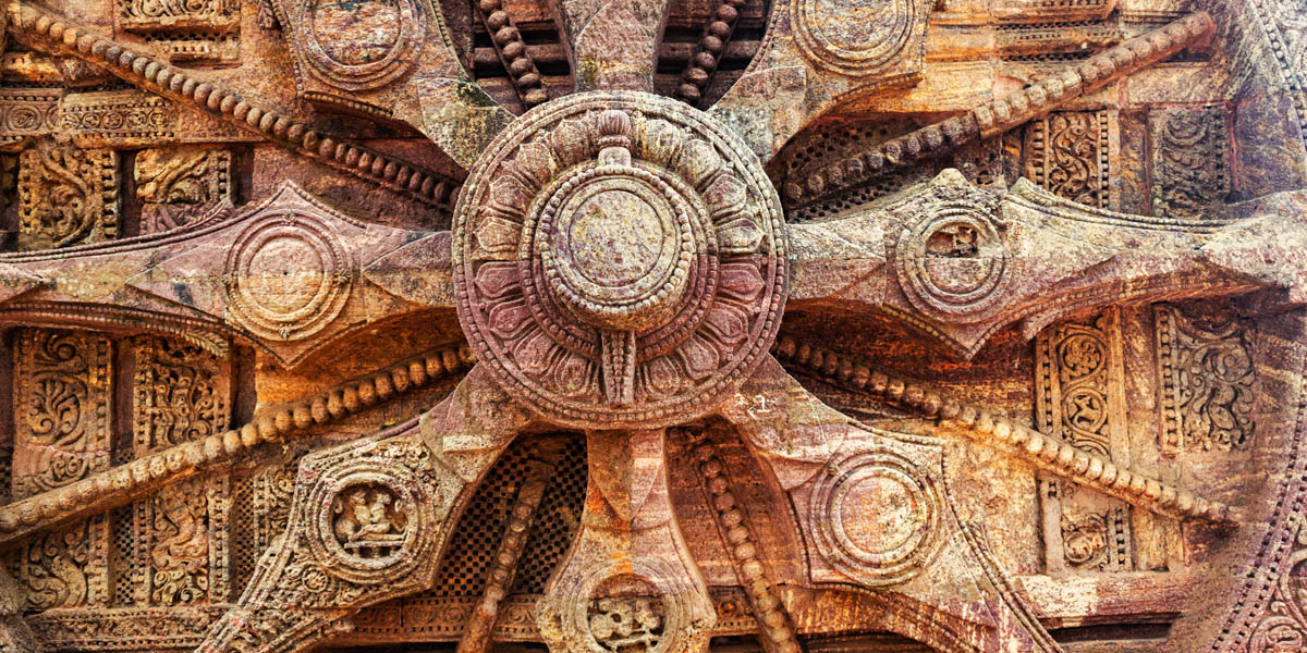Stone chariot wheel at the Konark Sun Temple, Odisha, India