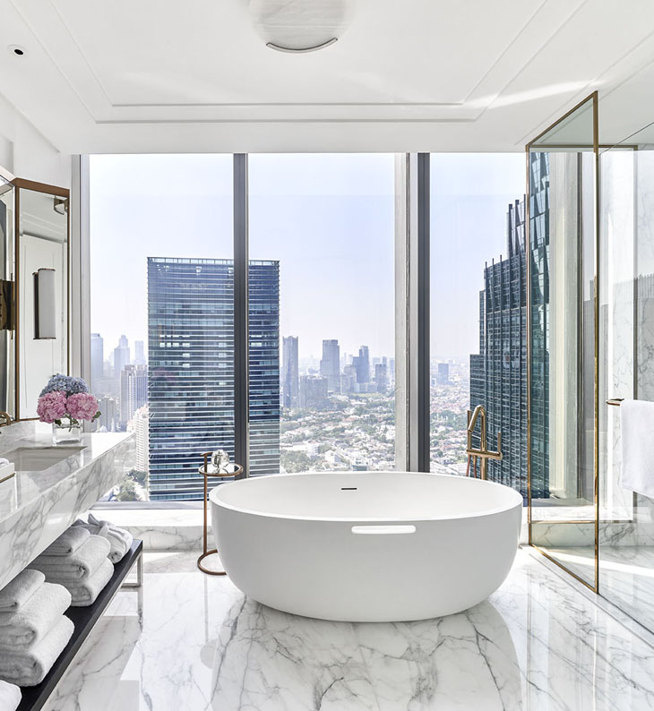 view of jakarta city from The Langham Jakarta's bathroom
