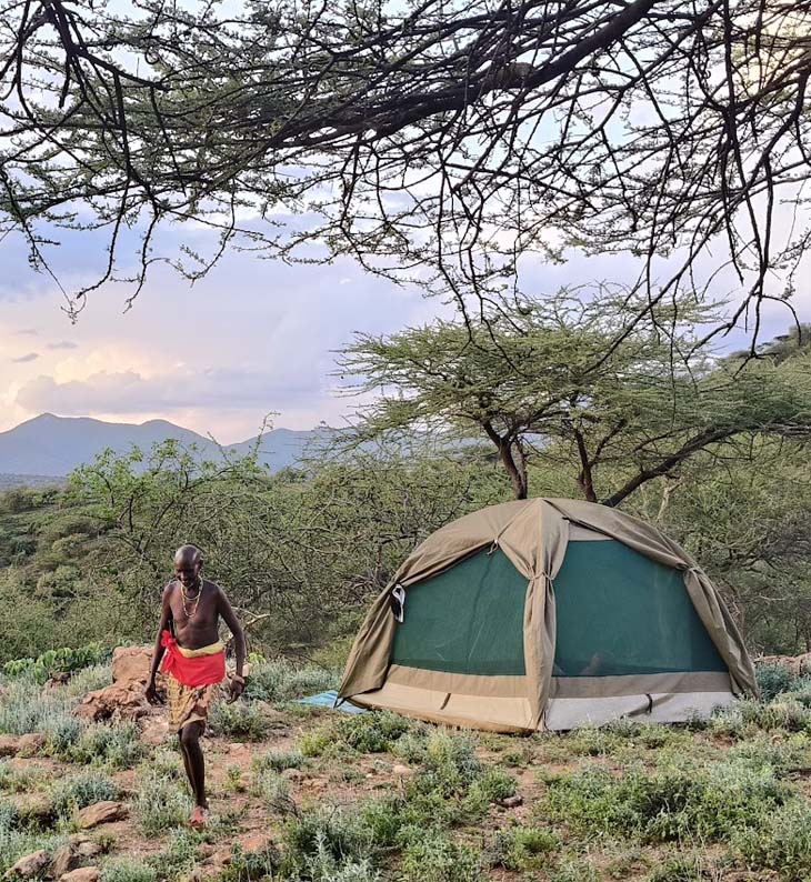 fly camping tent in landscape of milgis lugga in samburu, kenya