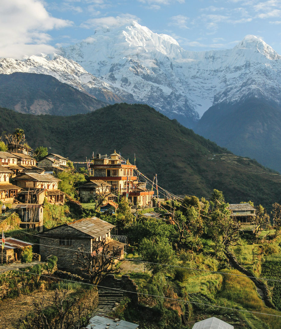 Landscape over pokhara with village houses on mountainsides
