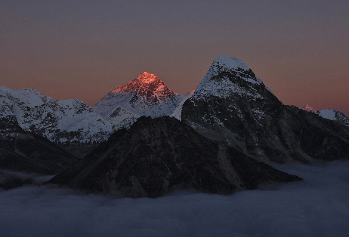 Last sunlight of the day illuminate Mt Everest.