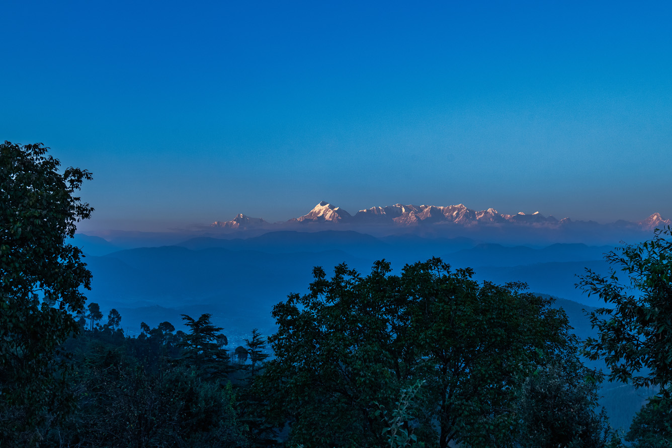 Panoramic view of Nanda Devi Mountain Range from Majkhali Uttarakhand, India
