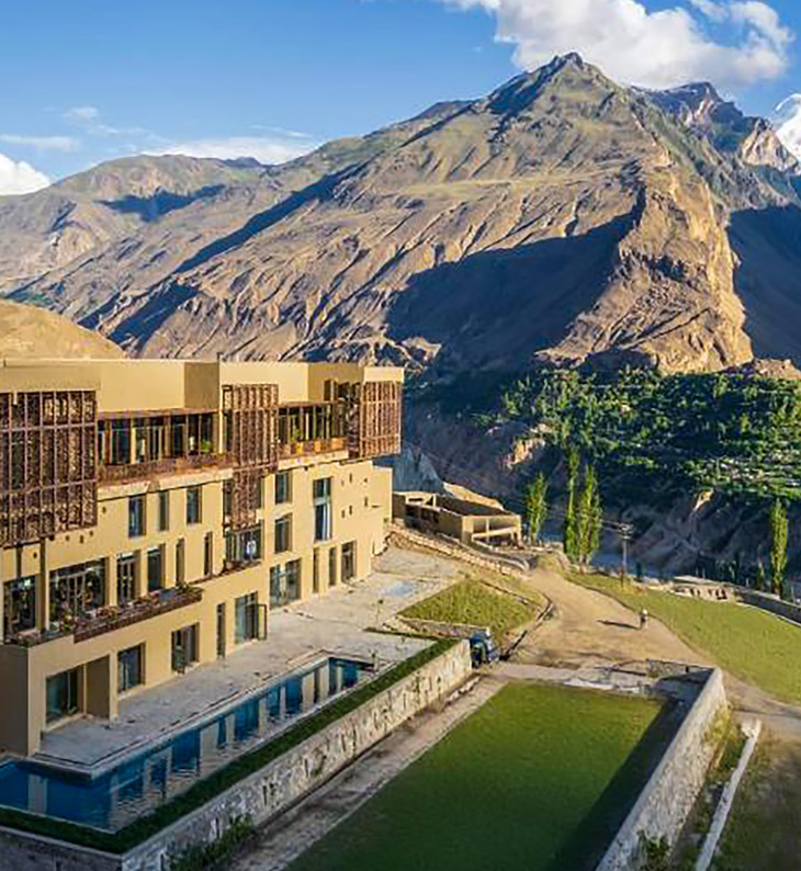 exterior of hotel serena in hunza valley, karimabad