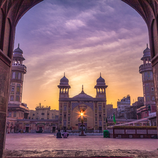 view through archway of Lahore's wazir khan mosque