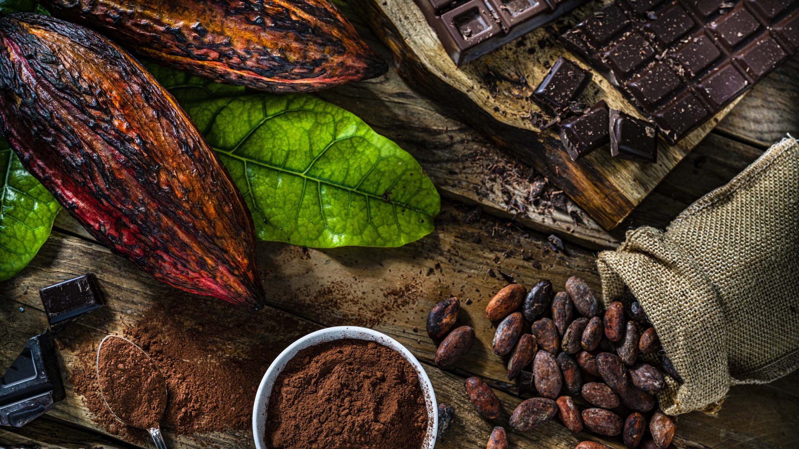 Dark chocolate bars, cocoa pods and cocoa powder on rustic wooden table.