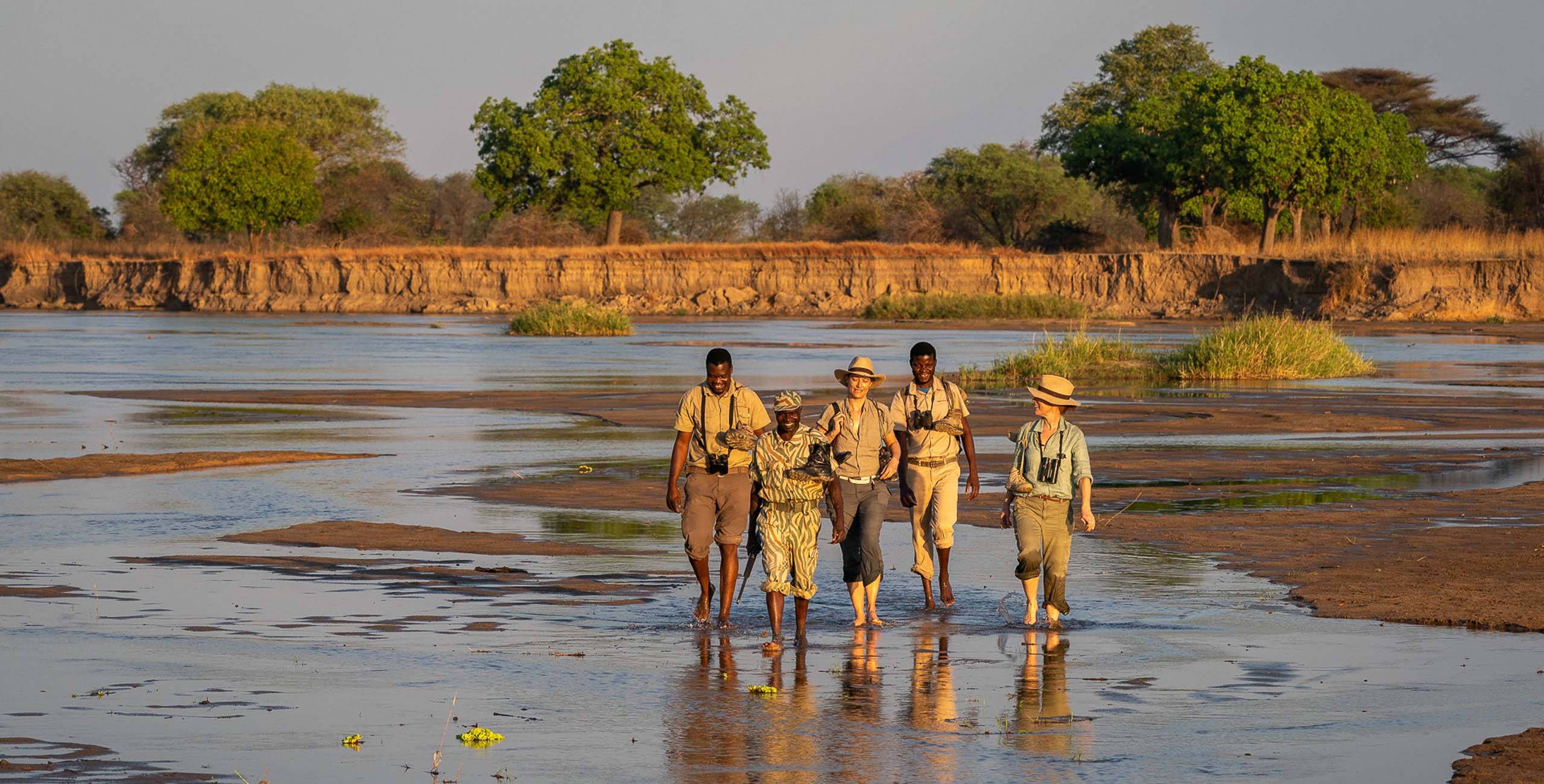 shallow river in south luangwa national park on a walking safari