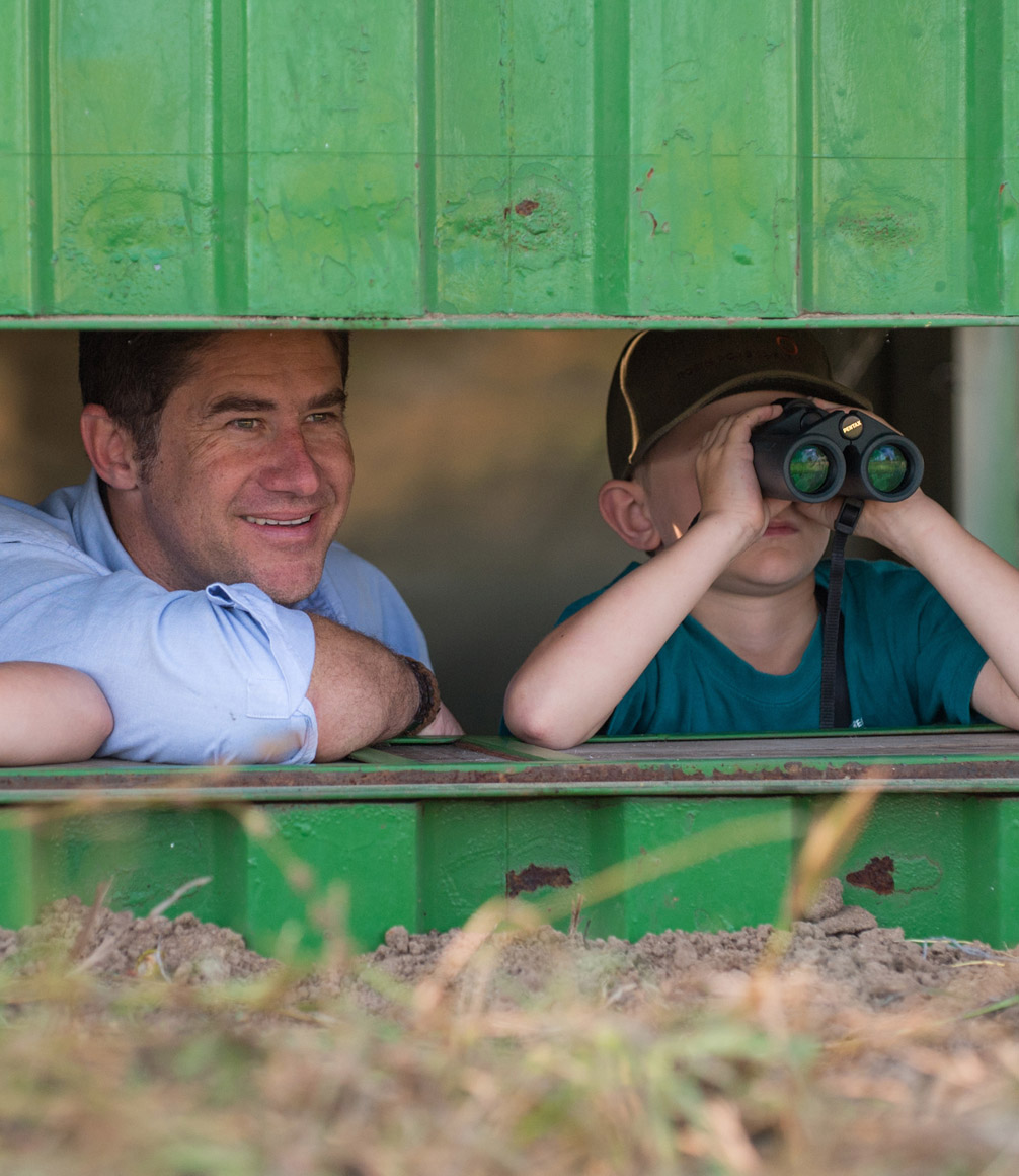father and child watching wildlife from safari hide at robins house