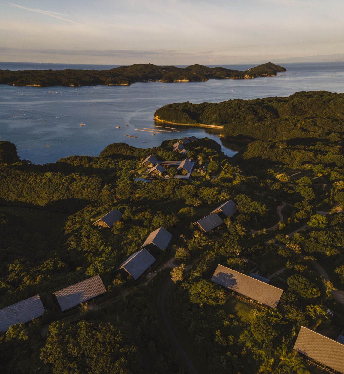 Amanemu, Japan drone shot of resort at sunset