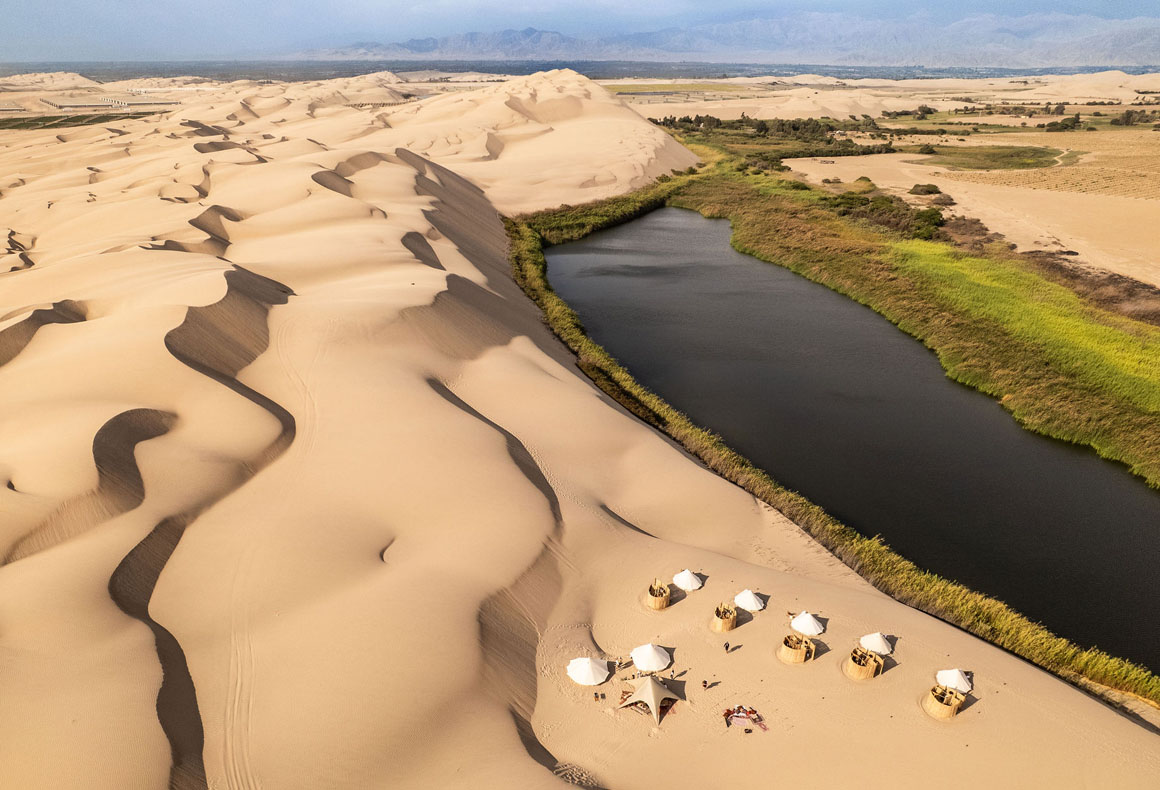 aerial view of paracas tented camp peru
