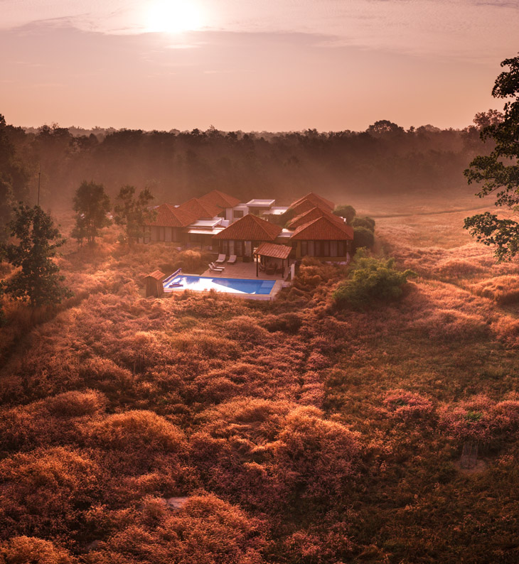 haldu tola villa from the air at sunset