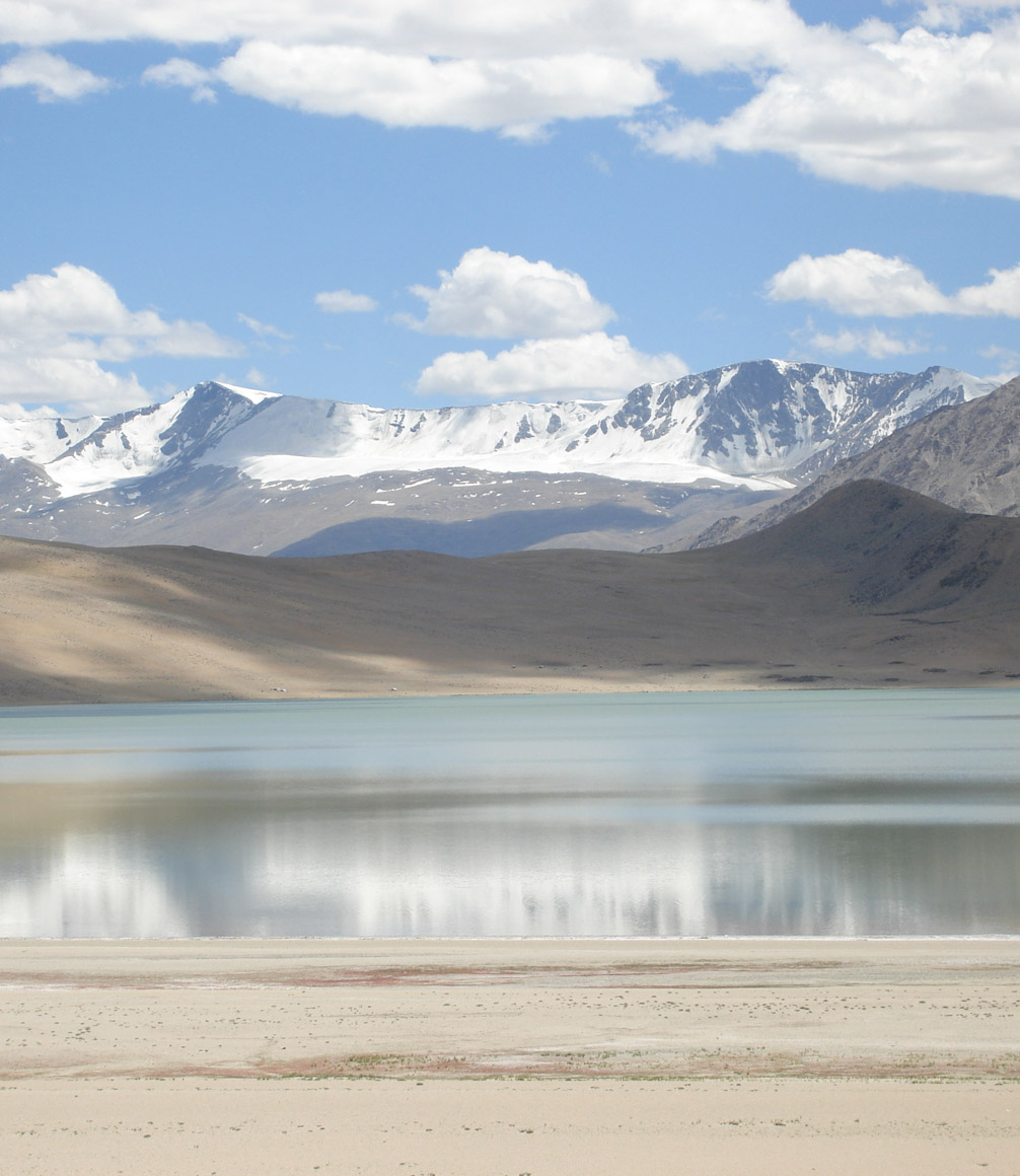 view of ladakhi mountainscape with a lake in the foreground