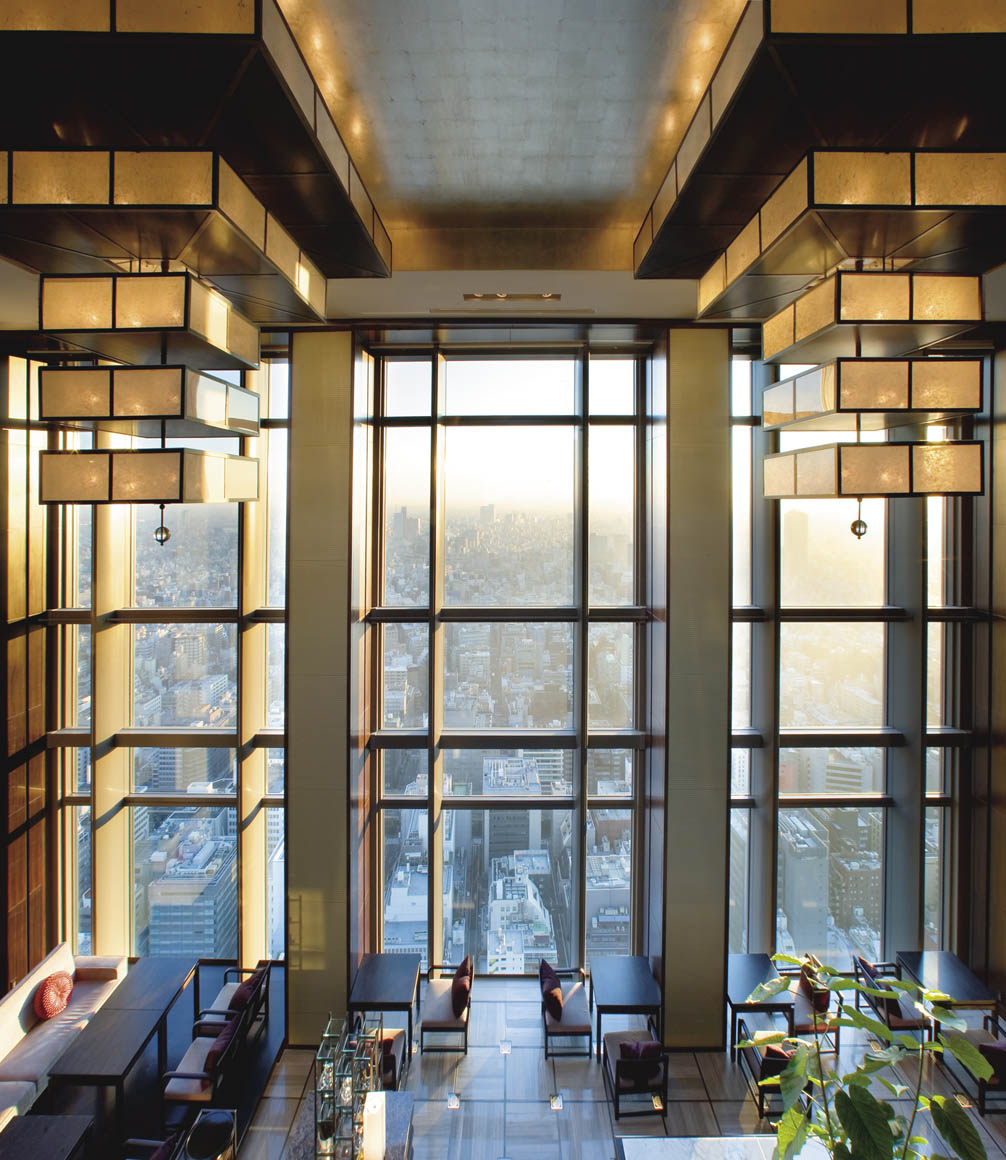 view of the lobby of the mandarin tokyo overlooking the city