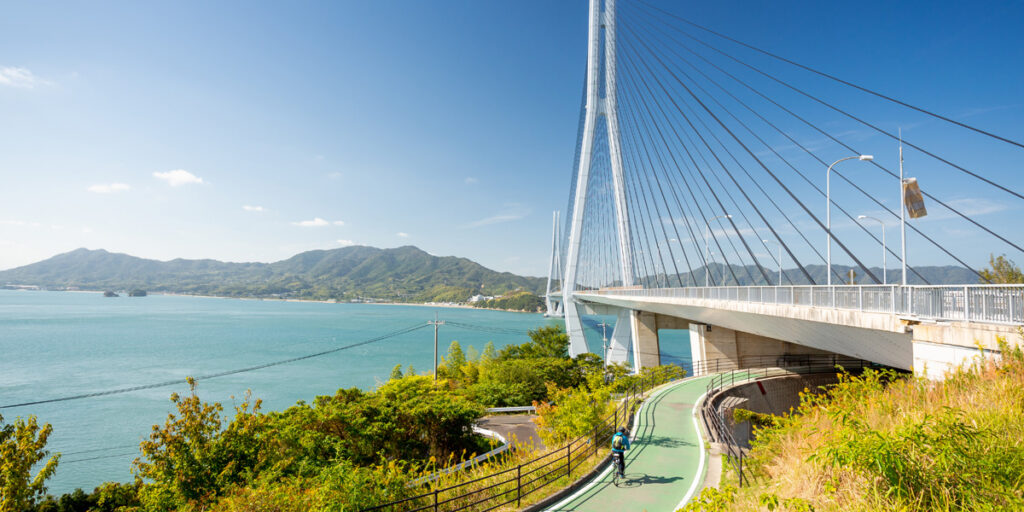 view of bridge on the shimanami kaido cycling route in japan