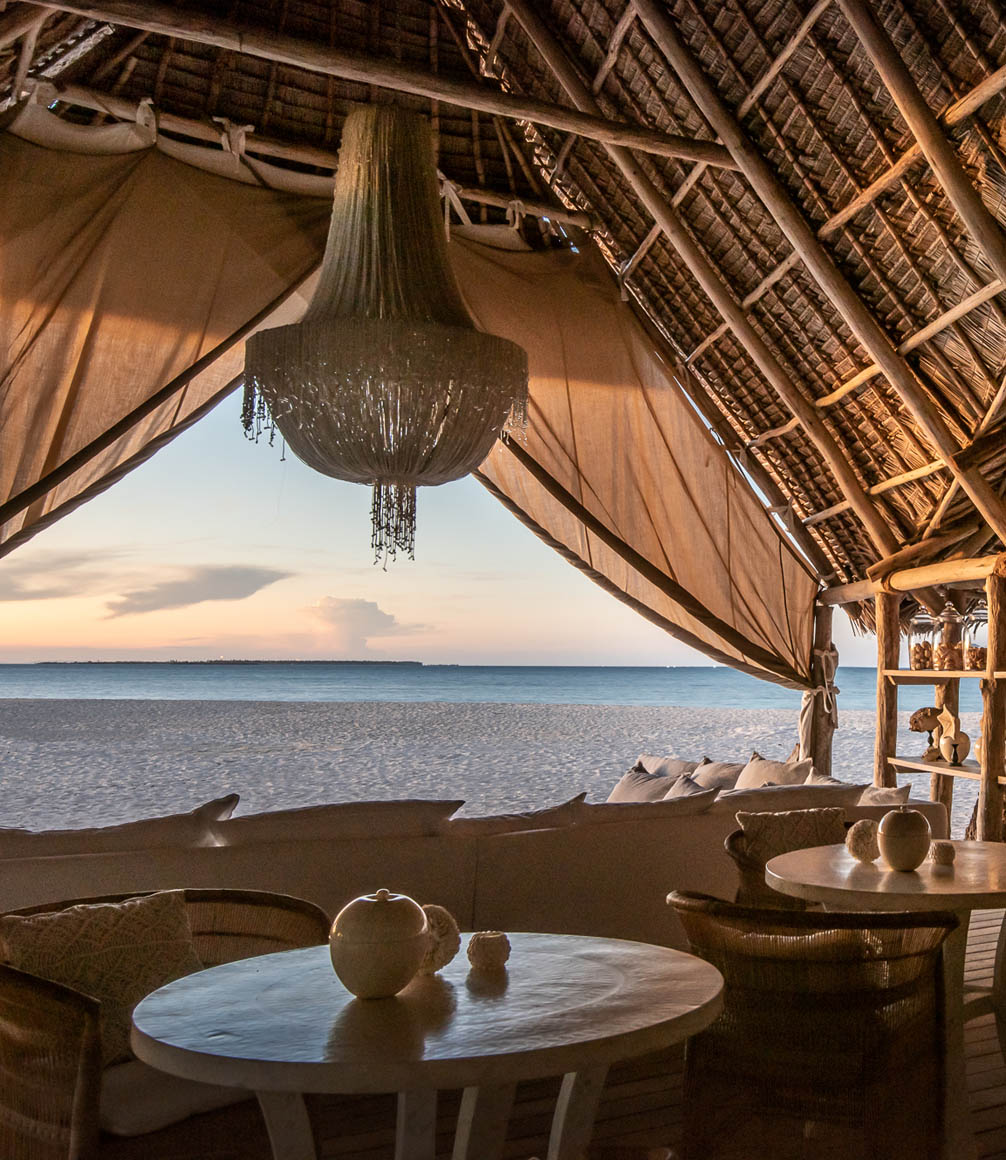 lounge bar at laba fanjove overlooking the ocean at sunset