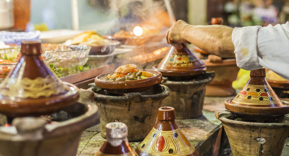 Selection of very colorful Moroccan tajines (traditional casserole dishes)