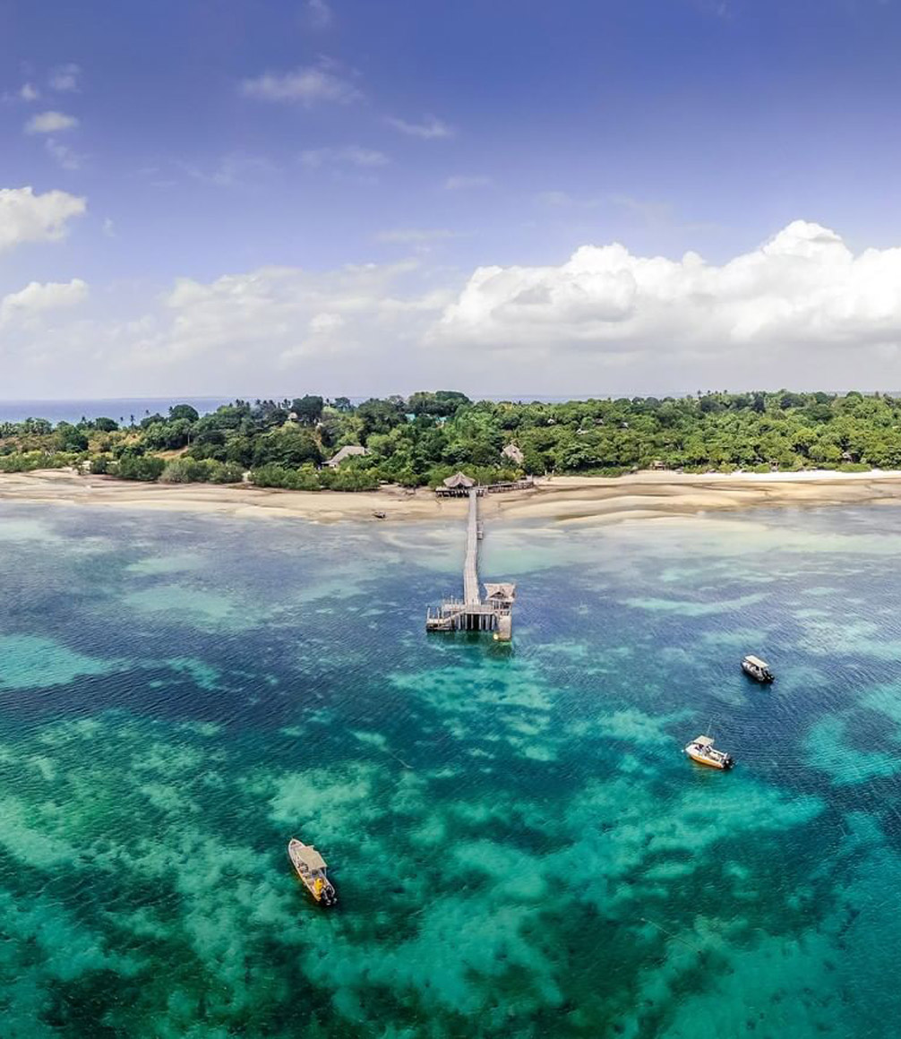 aerial view of the beach bar out on a jetty in the sea at fundu lagoon tanzania
