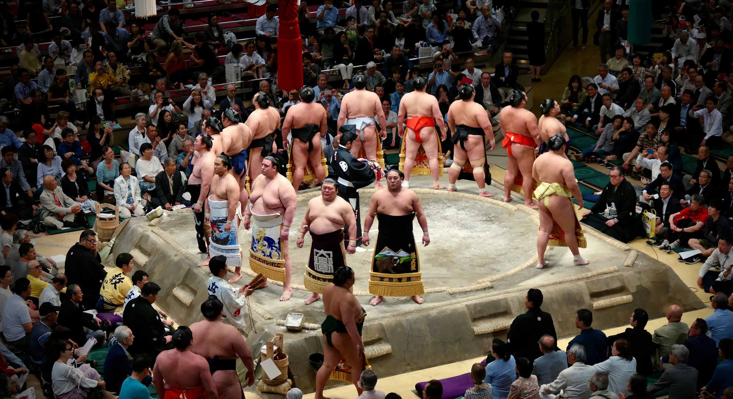 opening ceremony for sumo wrestlers in grand tournament