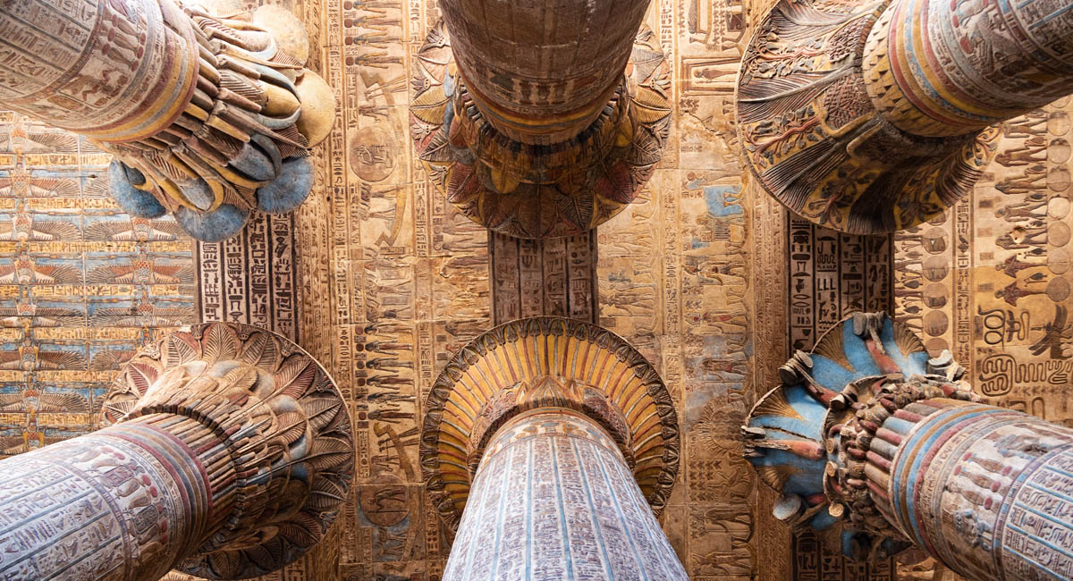 vibrantly painted columns in the temple of esna