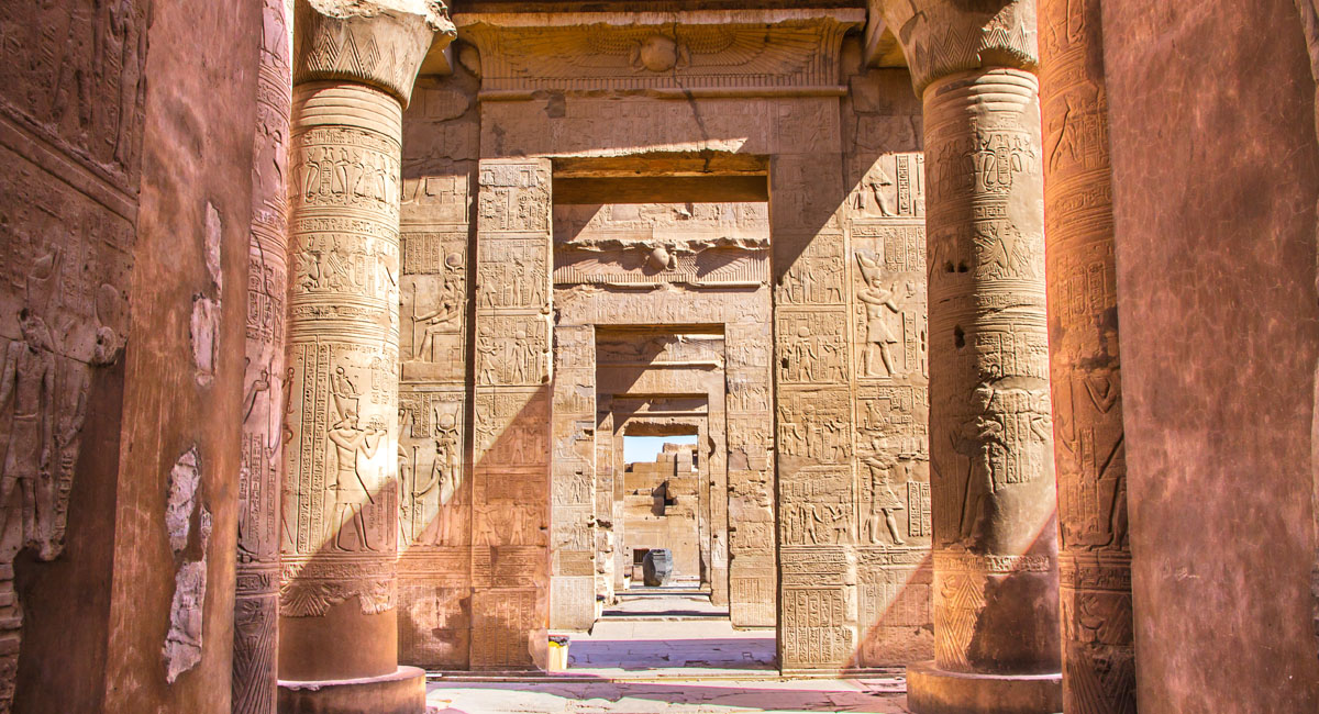 arches of the columns at the temple of kom ombo in egypt