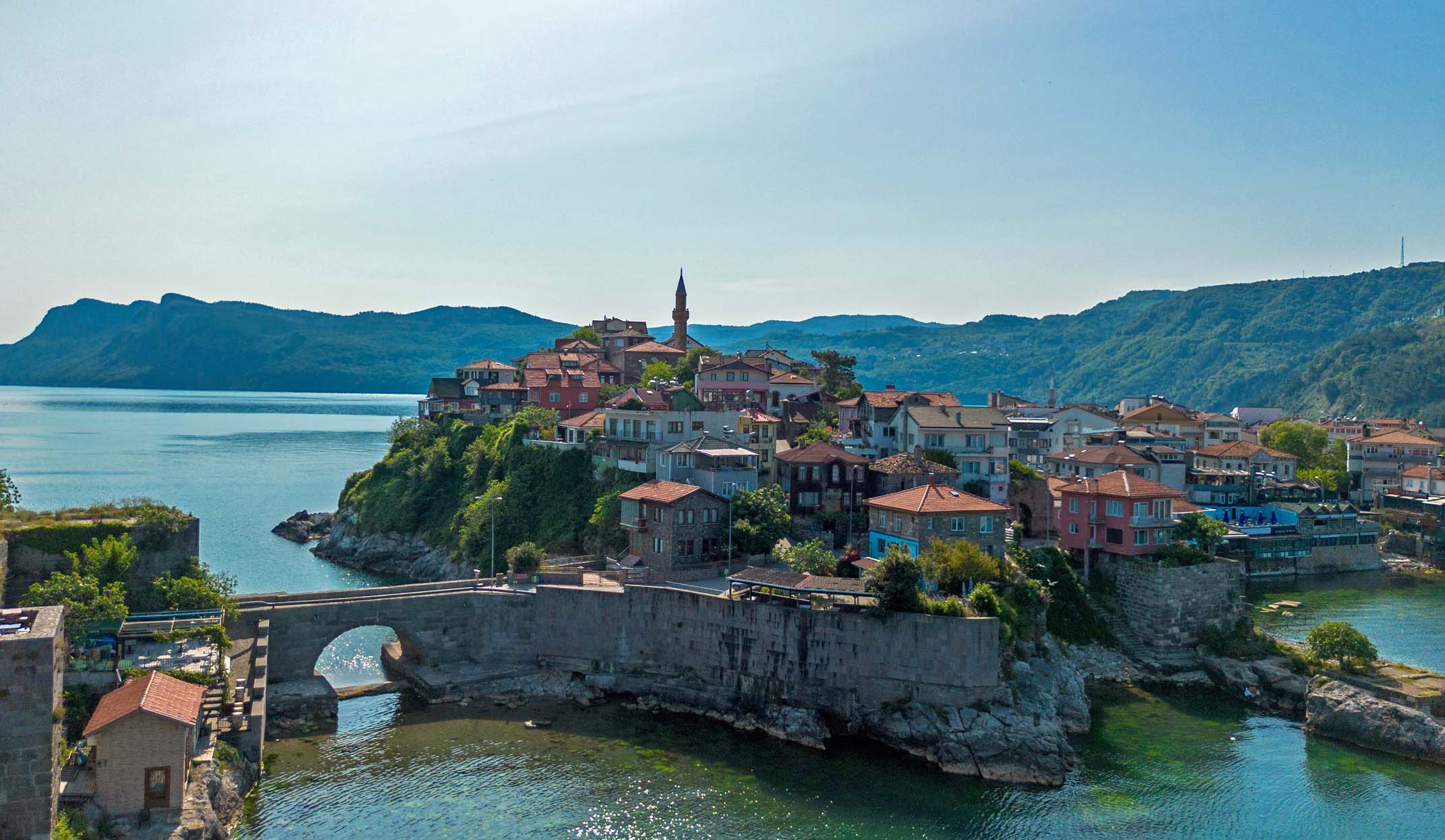 view of amasra from the air at sunset
