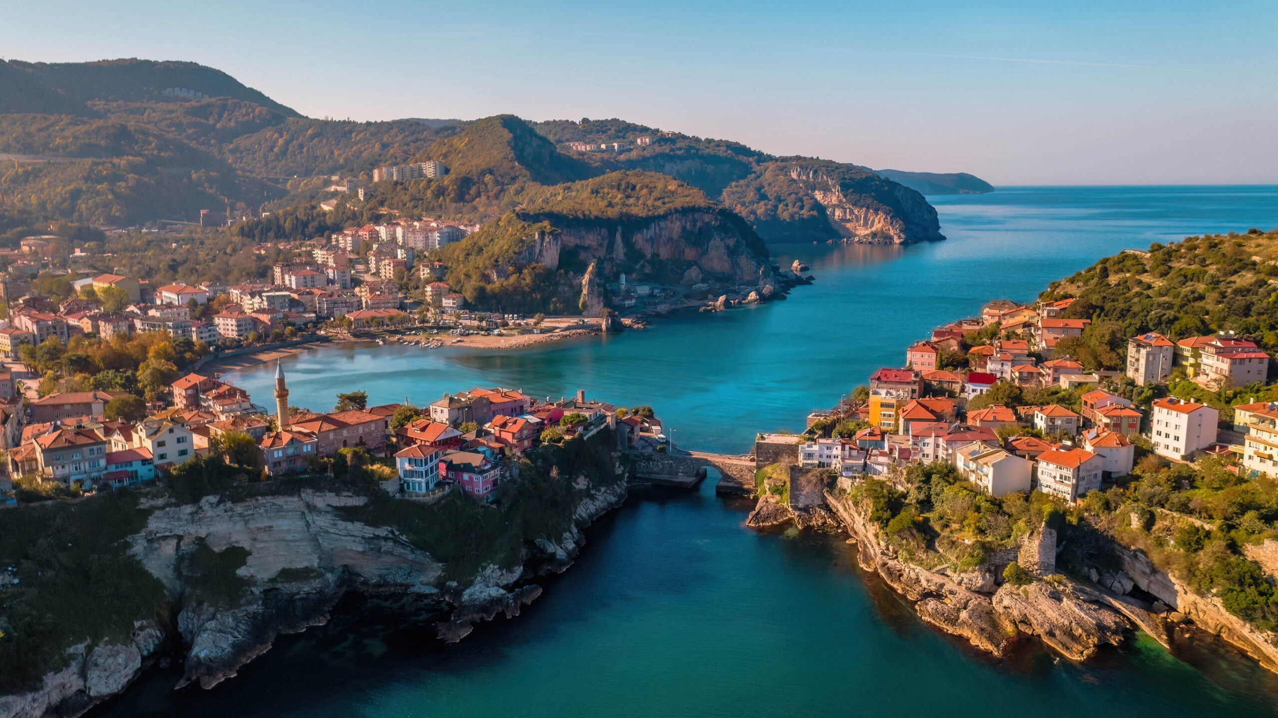 view of amasra from the air at sunset