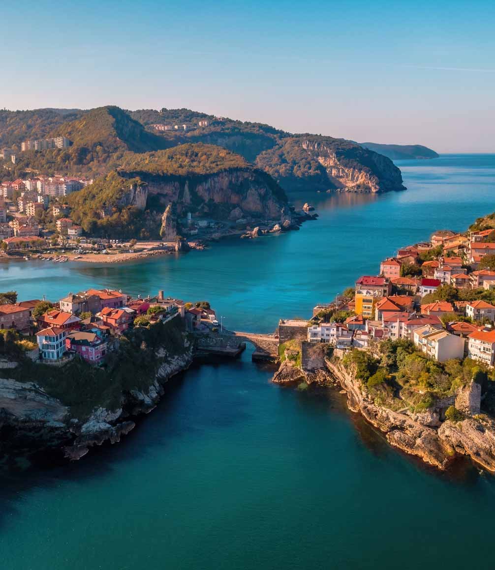 view of amasra from the air at sunset