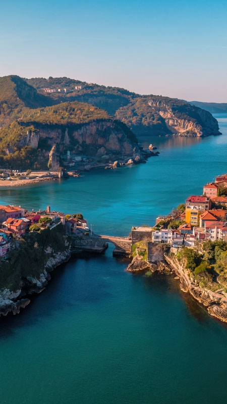 view of amasra from the air at sunset